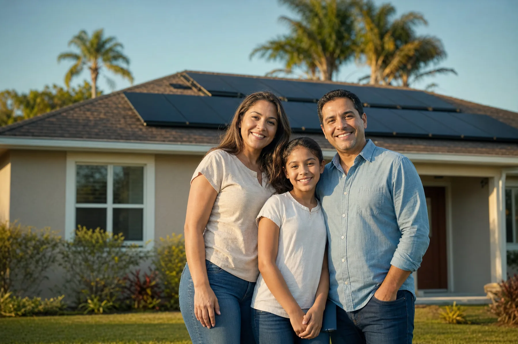 Familia frente a su casa en Florida con paneles solares