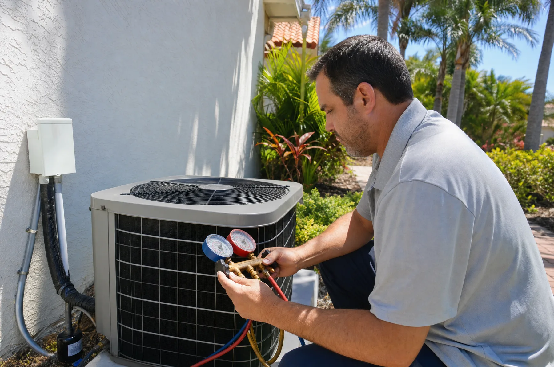 Técnico revisando la unidad exterior de aire acondicionado de una casa en Florida